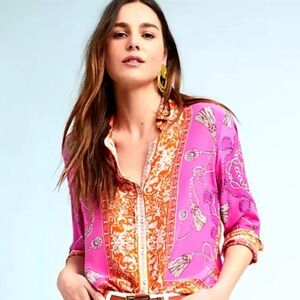 Anthropologie Maeve Potala Runa 100% Silk Multi Print Buttondown Size 4